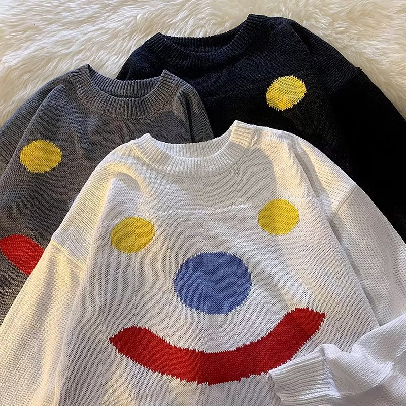 美式慵懶風寬鬆百搭針織衫小雪人笑臉毛衣-vivivale