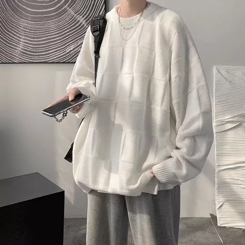 慵懶風復古圓領寬鬆潮流百搭慵懶格子針織毛衣