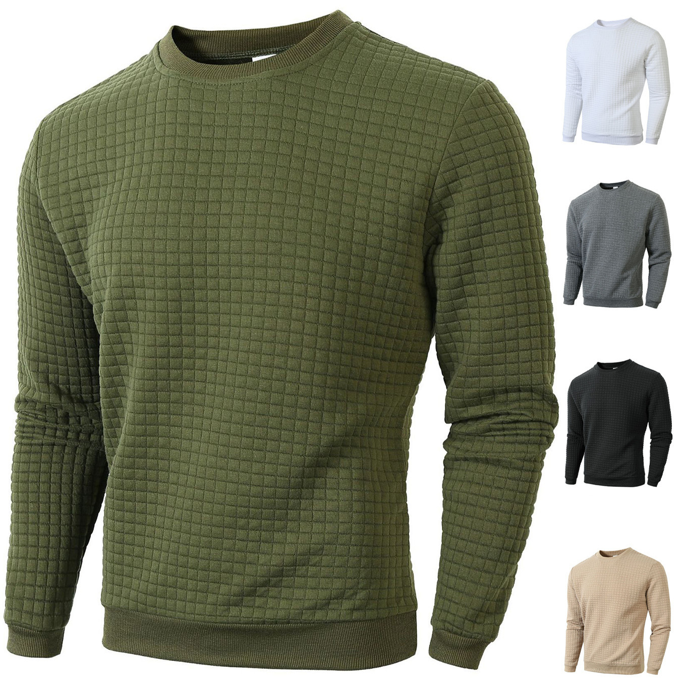 潮流個性修身圓領方格歐美風休閒長袖T恤-vivivale