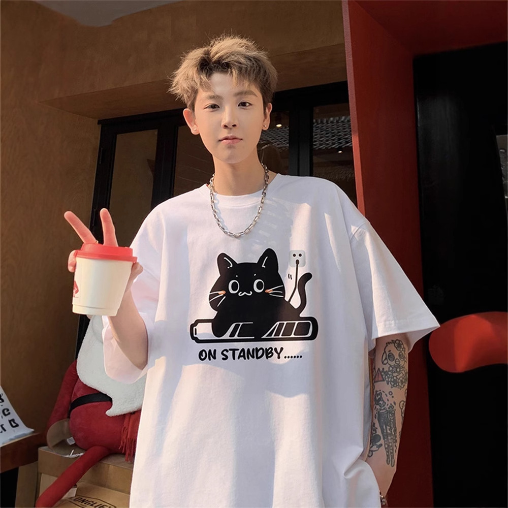 純棉簡約充電小貓印花圓領大碼設計感短袖T恤