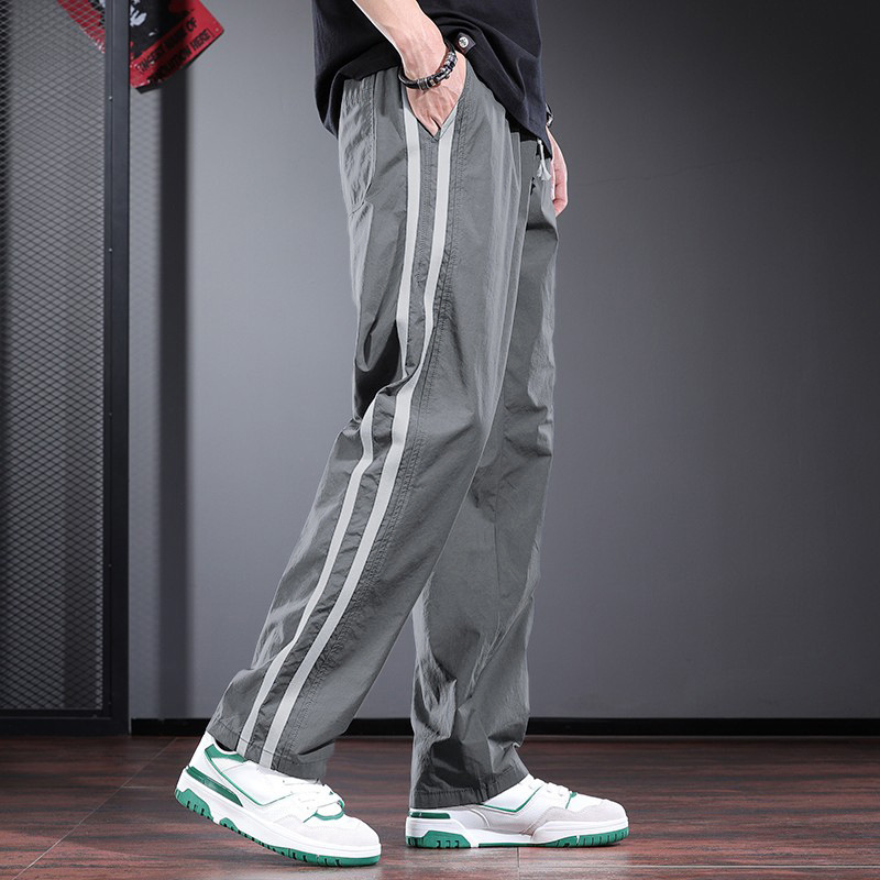 測邊條紋薄款個性設計感寬鬆直筒休閒褲-vivivale