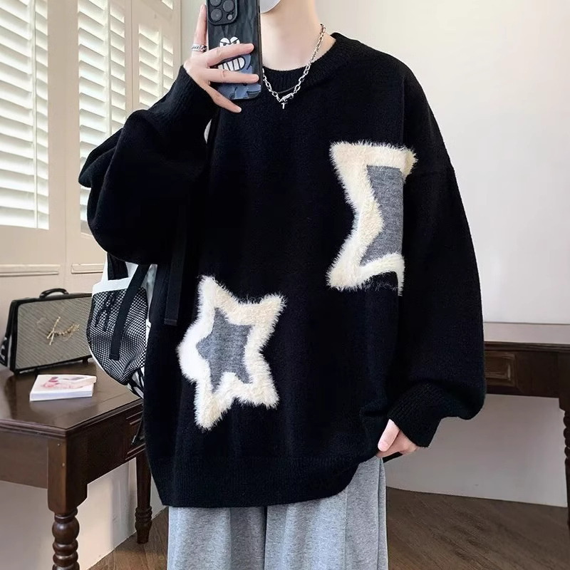 寬鬆加厚鹿毛絨星星提花打底慵懶針織毛衣-vivivale