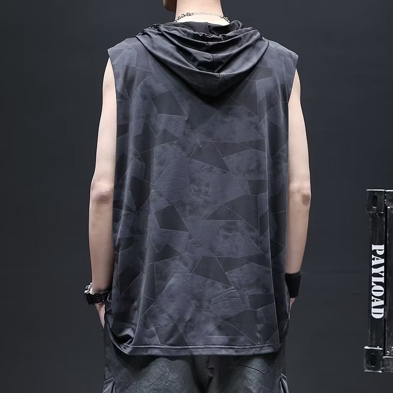 冰絲薄款連帽運動坎肩速乾寬鬆無袖背心T恤-vivivale