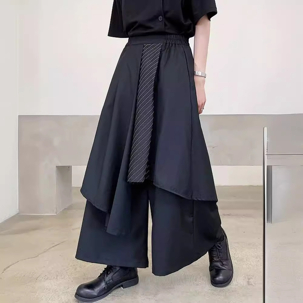 設計感假兩件黑武士日式闊腿裙褲-vivivale