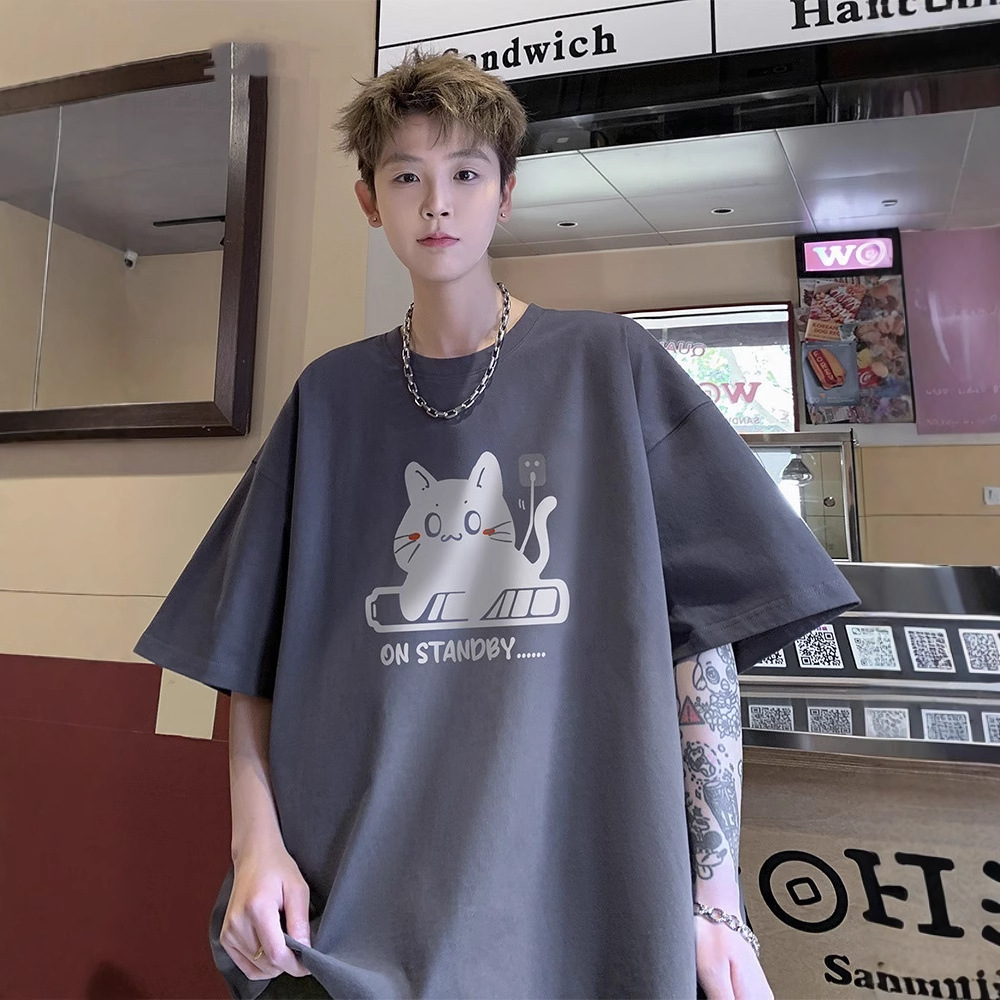 純棉簡約充電小貓印花圓領大碼設計感短袖T恤