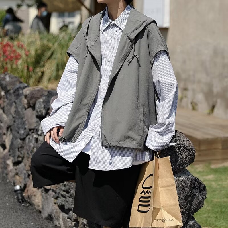 復古文藝休閒外搭寬鬆慵懶風連帽背心馬甲-vivivale