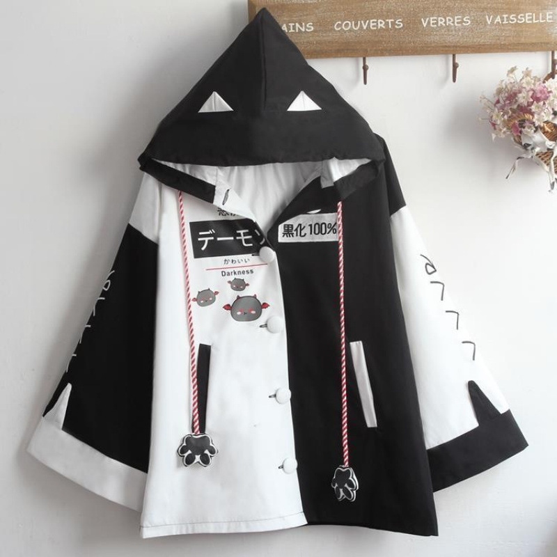 大碼喇叭袖惡魔斗篷寬鬆耳朵連帽風衣外套-vivivale