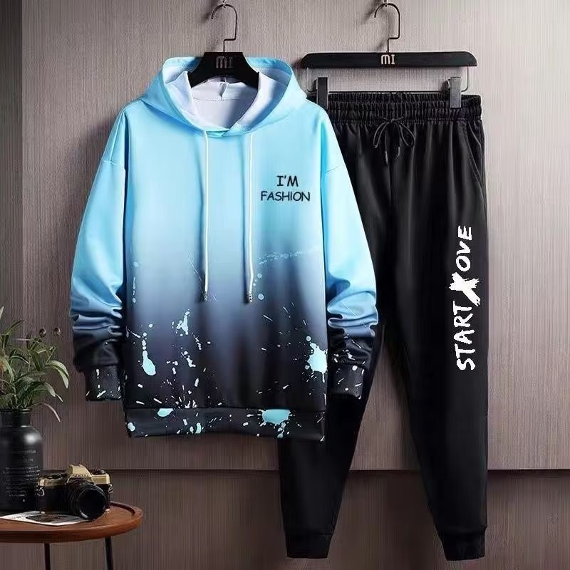 【單肩/套裝】潮流漸變色印花連帽衛衣+鬆緊腰收腳褲裝套裝