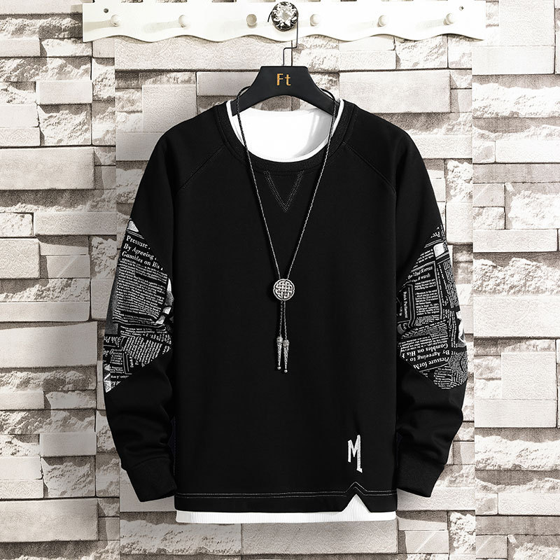 寬鬆潮流假兩件長袖T恤潮流百搭圓領衛衣-vivivale