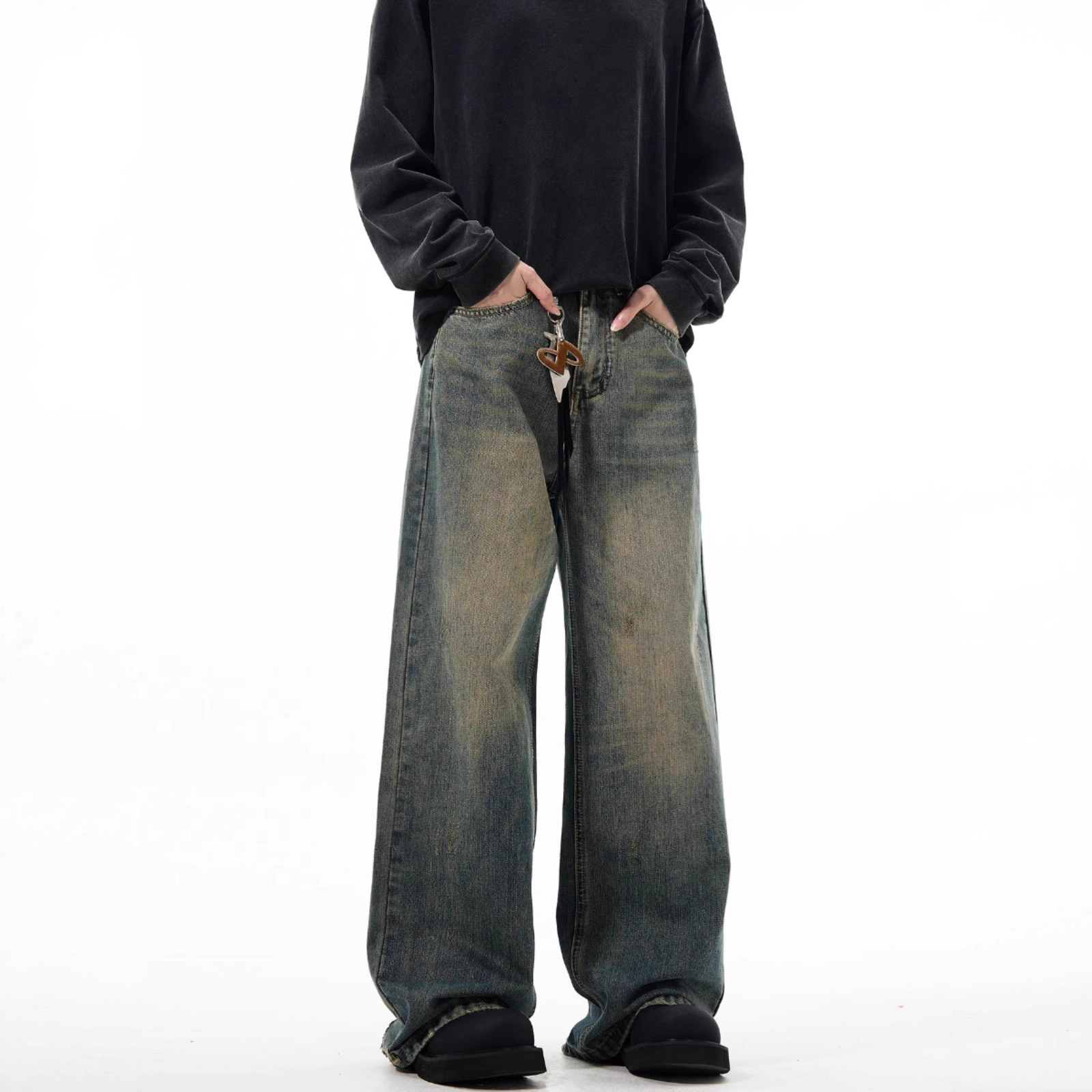 美式復古cleanfit高級感寬鬆闊腿休閒做舊牛仔褲-vivivale