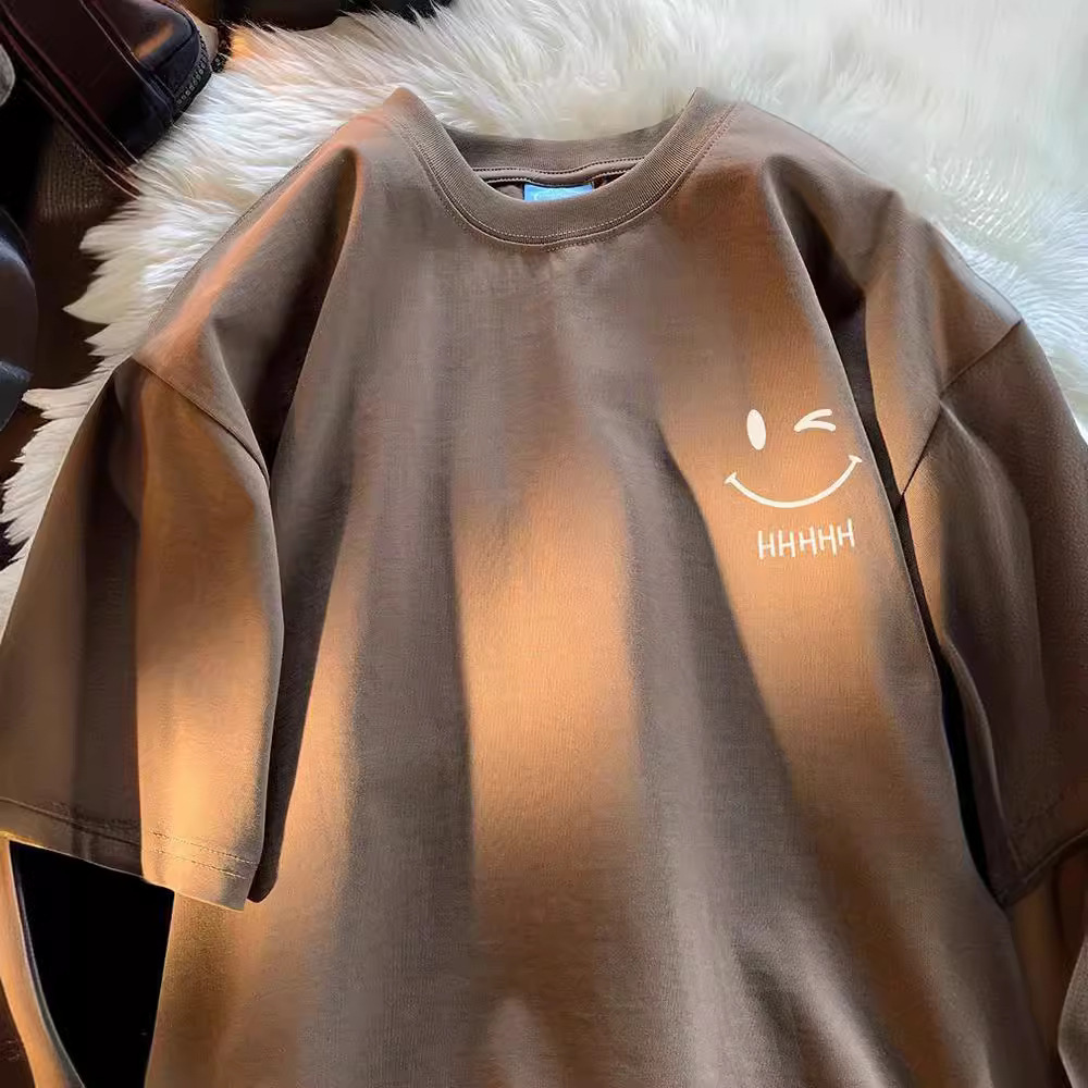 百搭純棉笑臉印花寬鬆圓領簡約短袖-vivivale