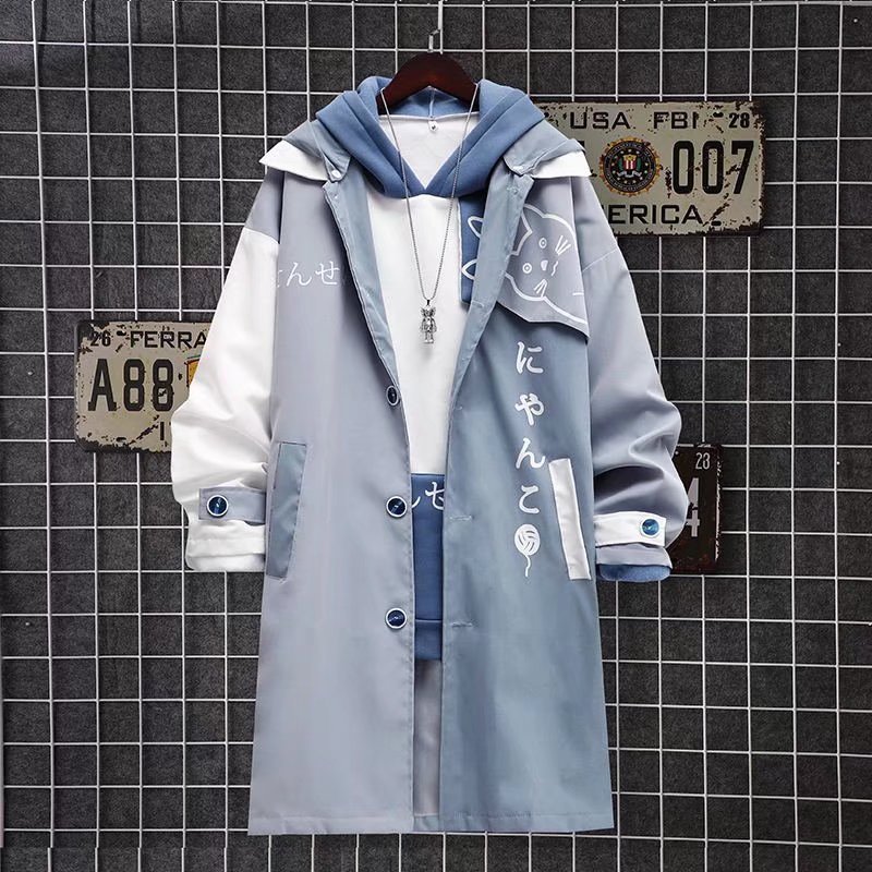 日系藍色ins貓咪連帽中長款寬鬆風衣外套-vivivale