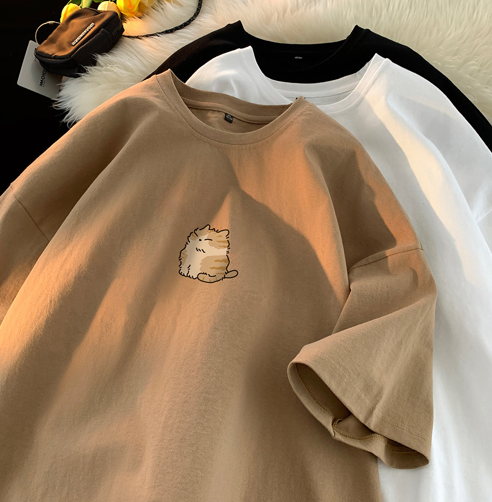 日系簡約oversize百搭寬鬆圓領動物印花短袖T恤-vivivale