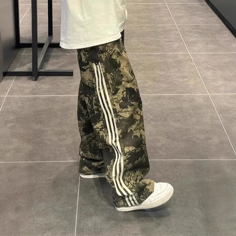 三杠條紋美式復古直筒hiphop迷彩工裝闊腿褲-vivivale