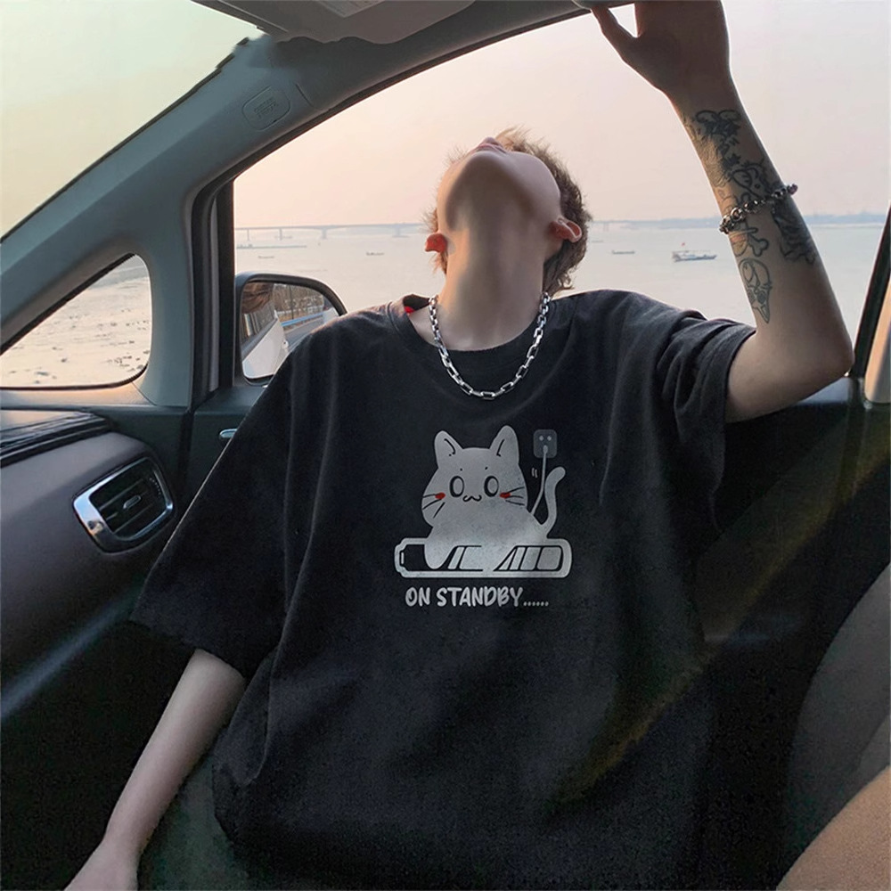 純棉簡約充電小貓印花圓領大碼設計感短袖T恤