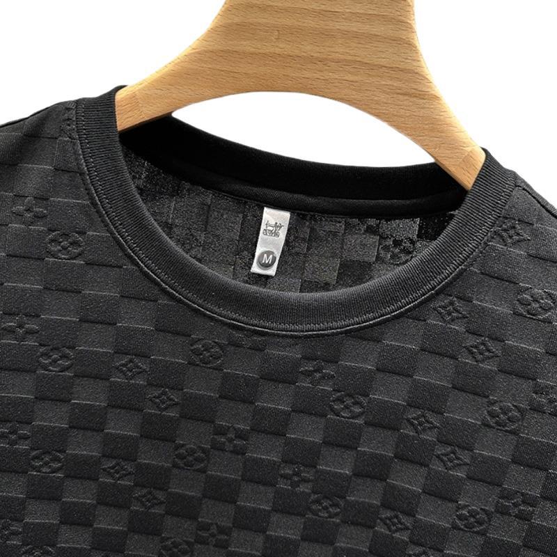 氣質休閒純色格子花紋輕奢感圓領短袖T恤-vivivale