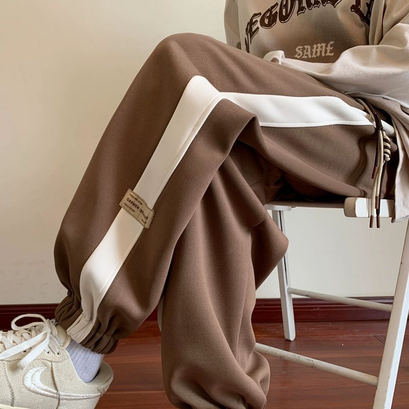 美式運動潮流拼色九分束腳寬鬆闊腿休閒褲-vivivale