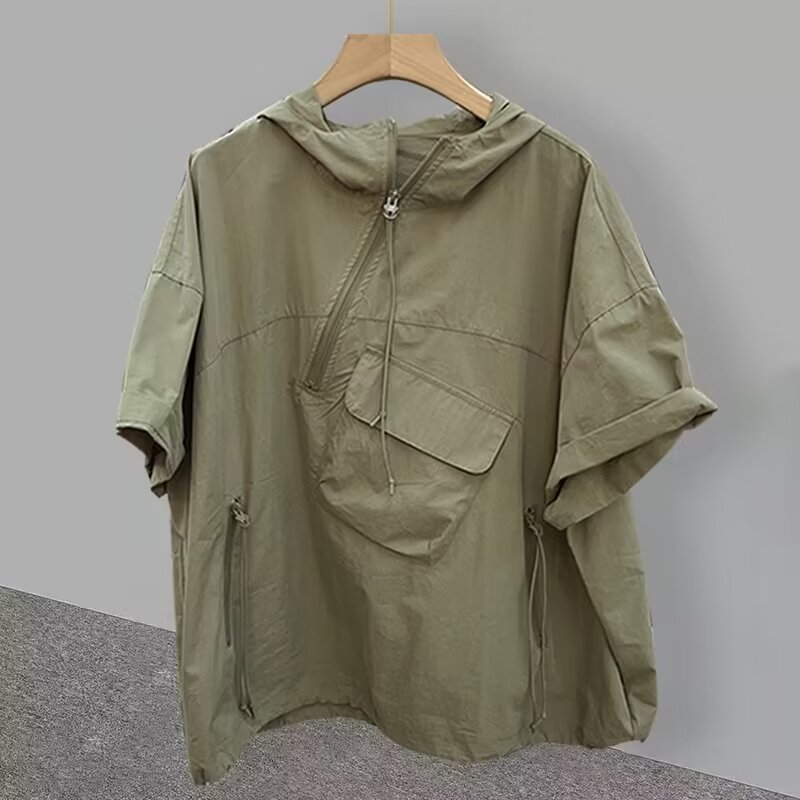 防曬衫港風休閒不規則百搭連帽短袖T恤-vivivale