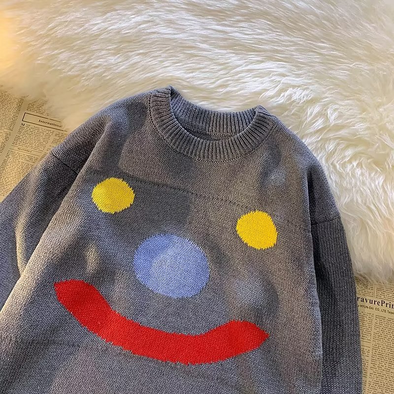 美式慵懶風寬鬆百搭針織衫小雪人笑臉毛衣-vivivale