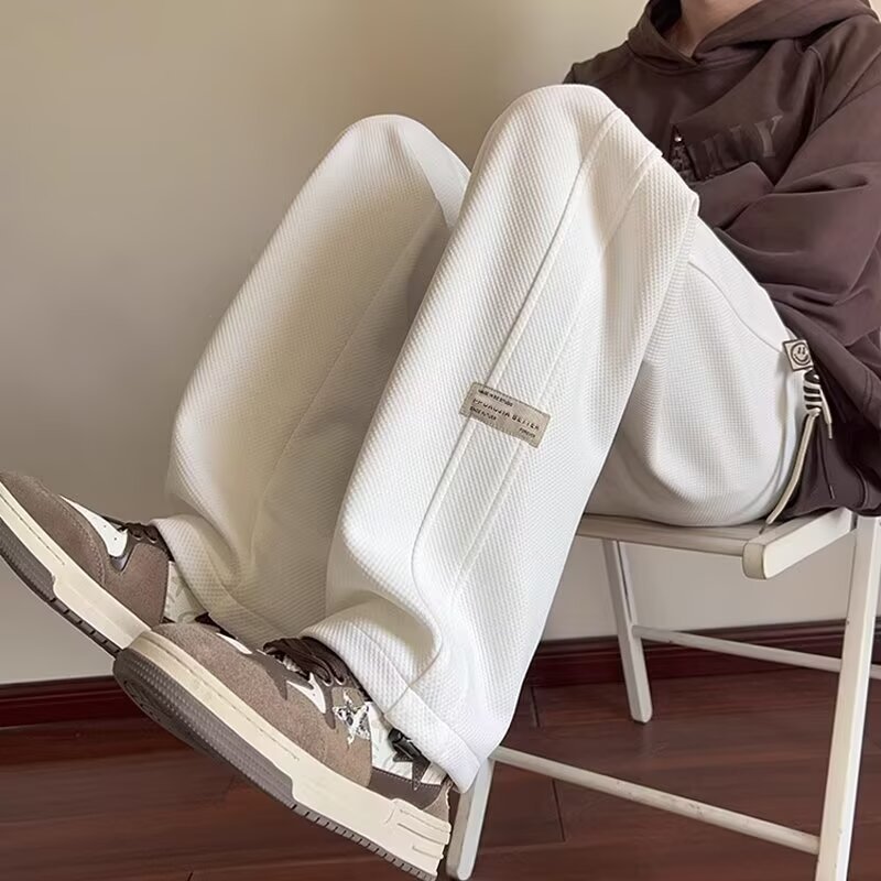 港風潮流寬鬆直筒貼標闊腿華夫格運動休閒衛褲