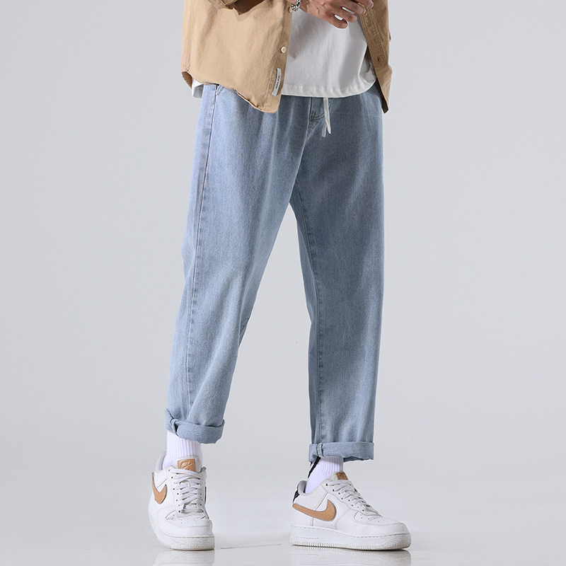 寬鬆直筒鬆緊腰抽繩闊腿休閒百搭牛仔褲-vivivale