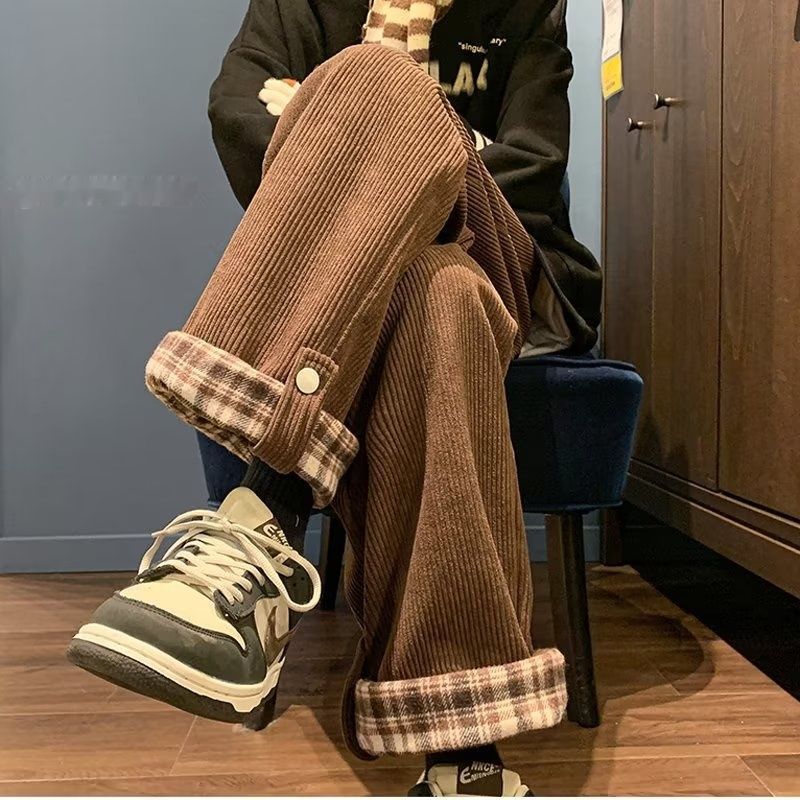 日系燈芯絨格子翻邊闊腿直筒復古褲裝-vivivale