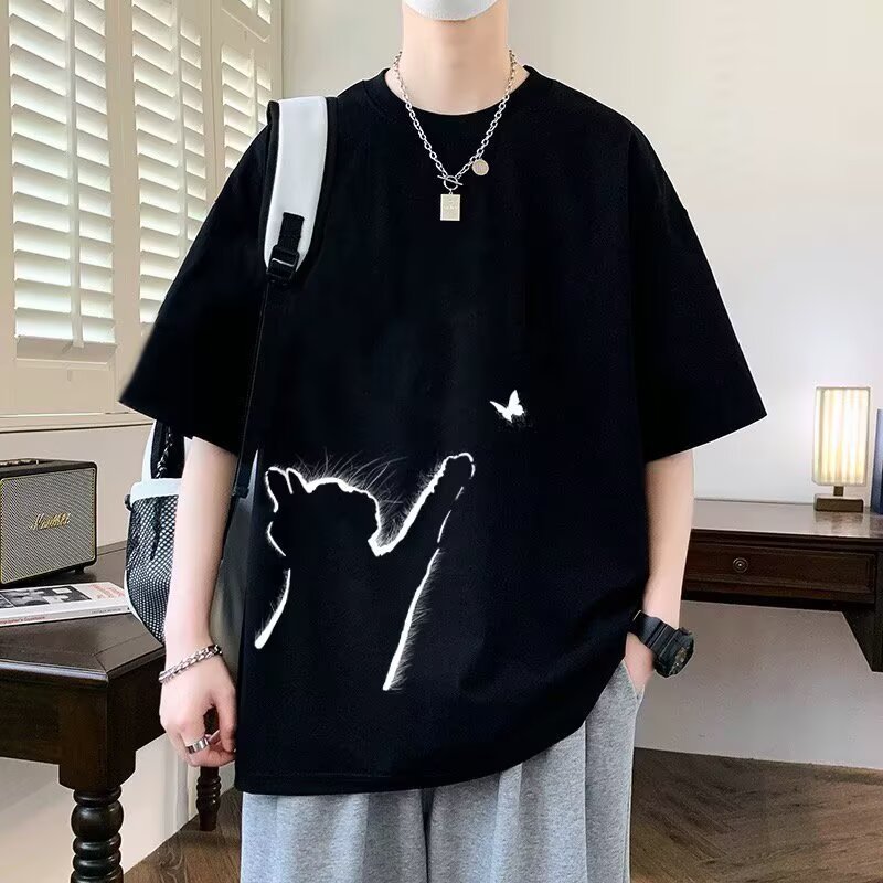 時尚休閒寬鬆潮流貓咪印花情侶短袖T恤