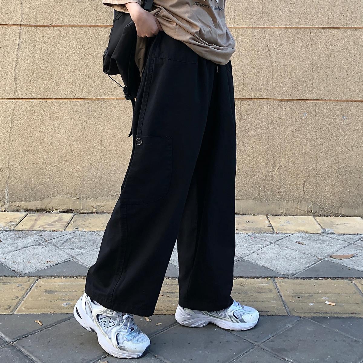日系大碼休閒復古寬鬆直筒垂感工裝闊腿褲-vivivale