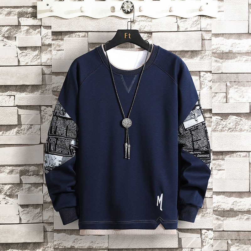 寬鬆潮流假兩件長袖T恤潮流百搭圓領衛衣-vivivale