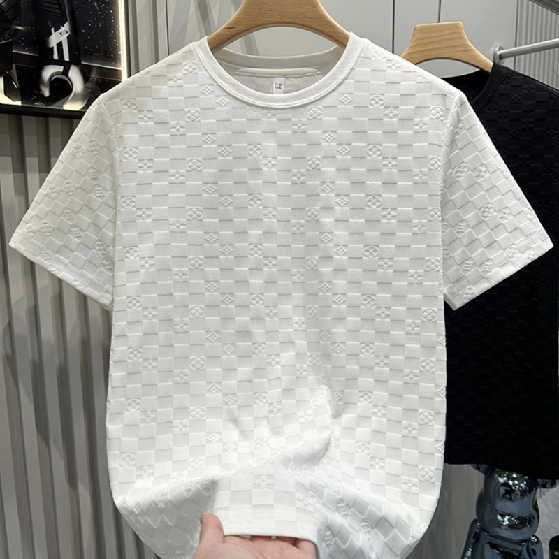 氣質休閒純色格子花紋輕奢感圓領短袖T恤-vivivale