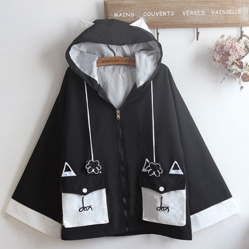 大碼喇叭袖惡魔斗篷寬鬆耳朵連帽風衣外套-vivivale