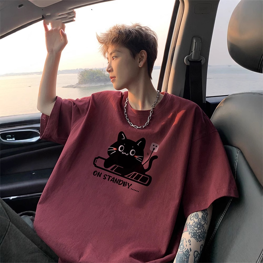 純棉簡約充電小貓印花圓領大碼設計感短袖T恤