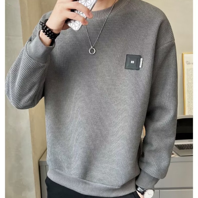 時尚潮流純色寬鬆圓領休閒肌理紋長袖T恤-vivivale