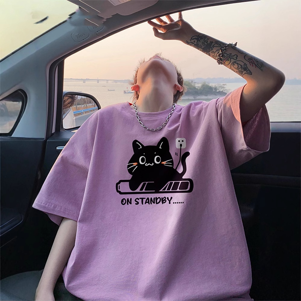 純棉簡約充電小貓印花圓領大碼設計感短袖T恤
