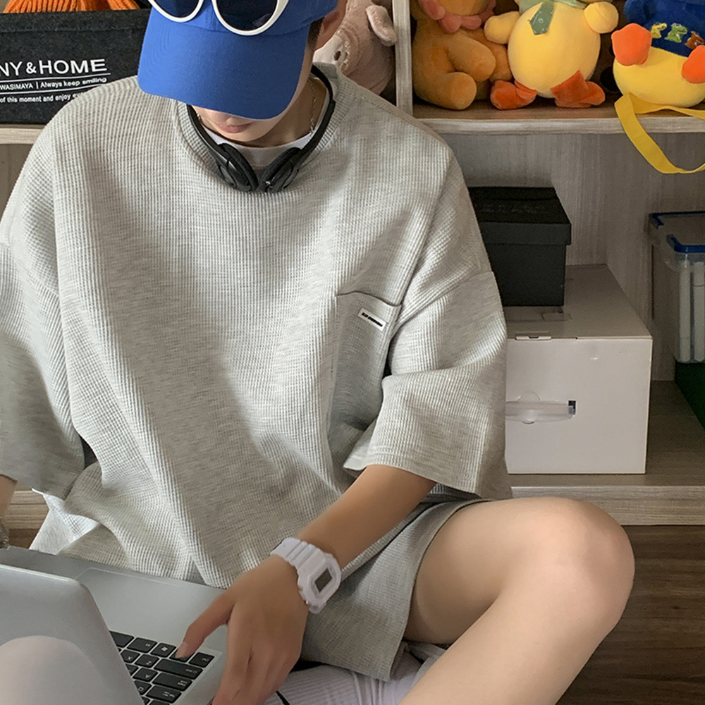 【整套】潮流帥氣華夫格運動風短袖+短褲兩件套裝-vivivale