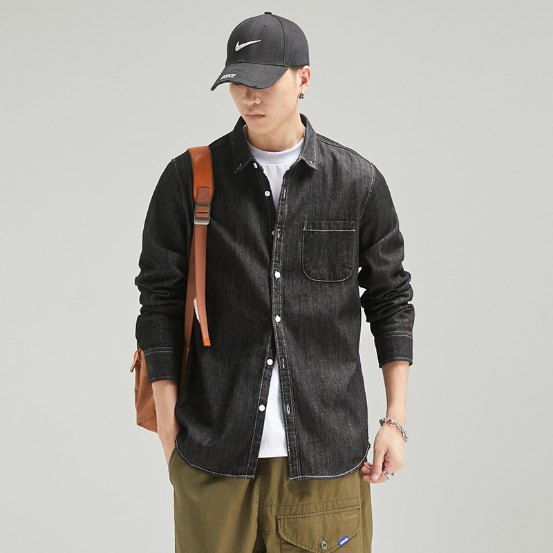 翻領牛仔長袖美式工裝復古襯衫-vivivale