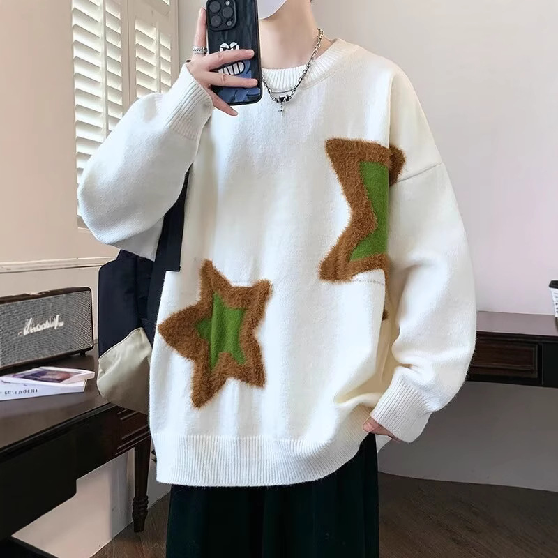 寬鬆加厚鹿毛絨星星提花打底慵懶針織毛衣-vivivale