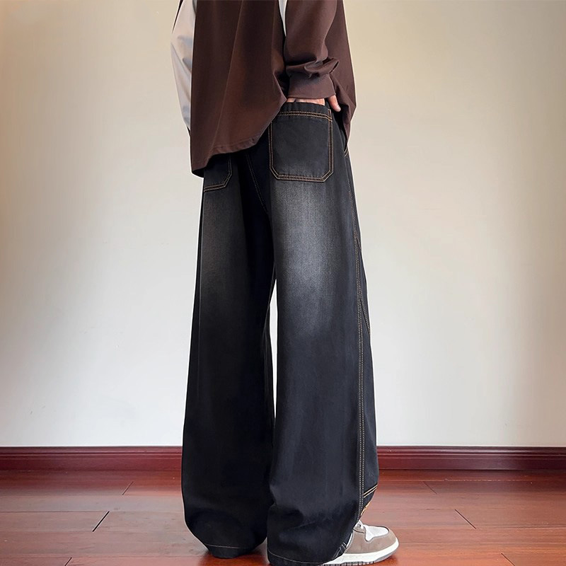 美式高街寬鬆痞帥炸街闊腿顯高刺繡牛仔褲