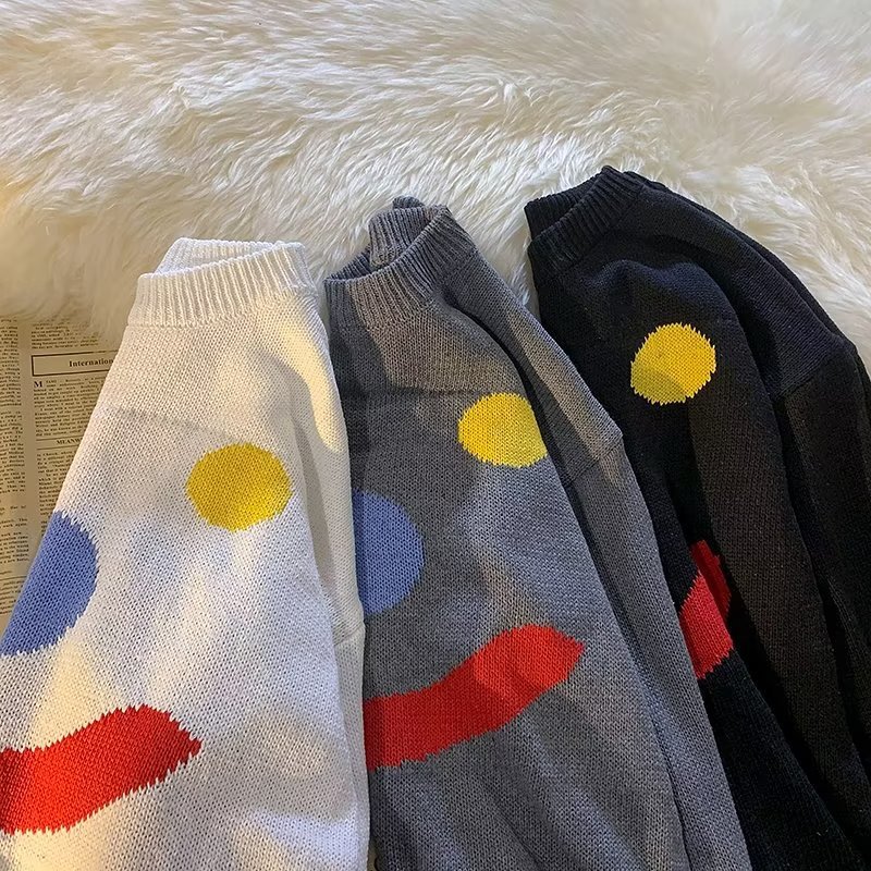 美式慵懶風寬鬆百搭針織衫小雪人笑臉毛衣-vivivale