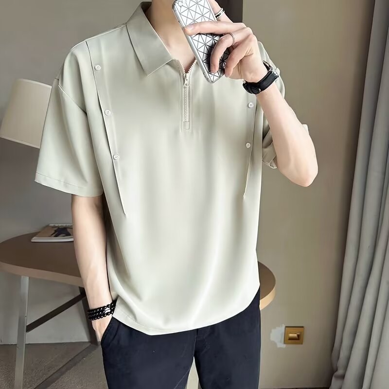 輕熟休閒潮流半拉鍊設計感小眾翻領polo衫短袖-vivivale