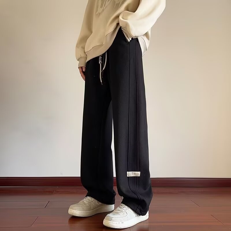 港風潮流寬鬆直筒貼標闊腿華夫格運動休閒衛褲