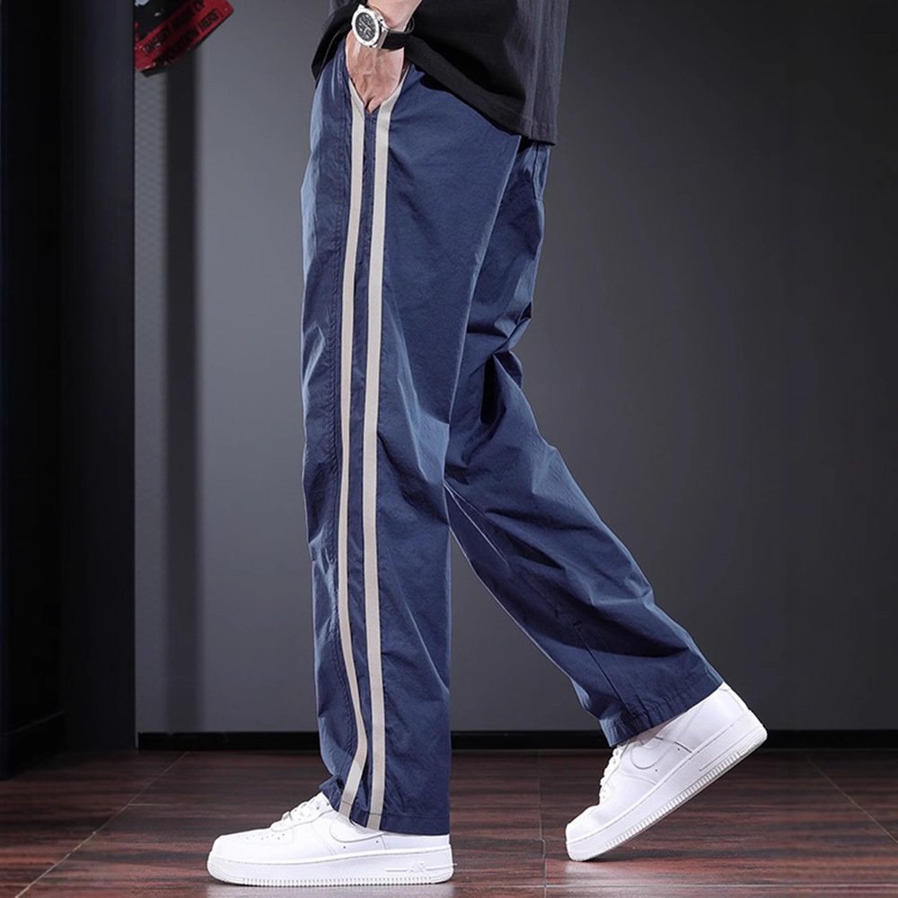 測邊條紋薄款個性設計感寬鬆直筒休閒褲-vivivale