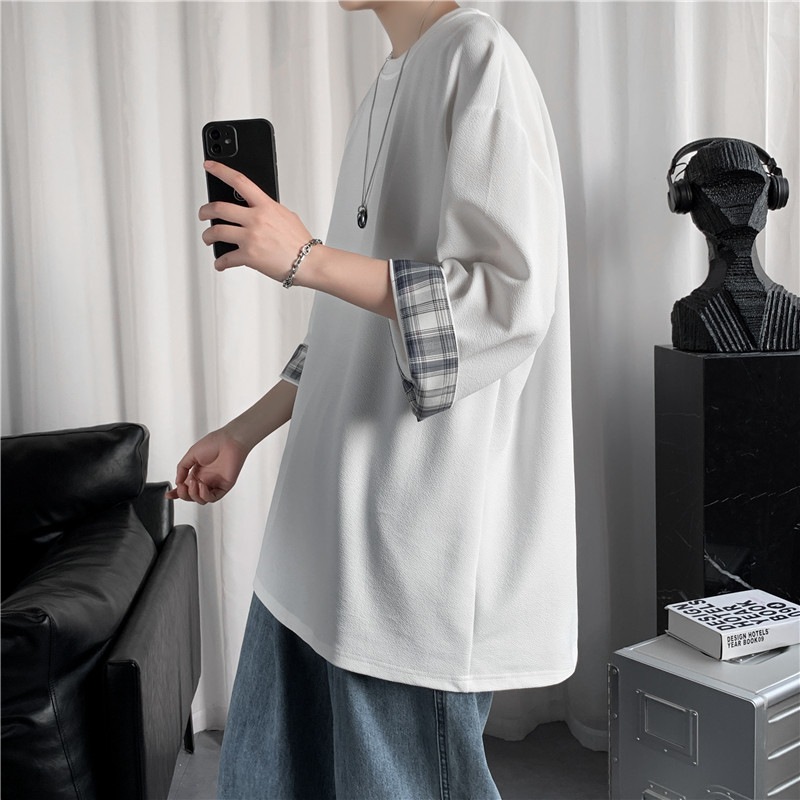 港風潮流格子拼接寬鬆圓領短袖