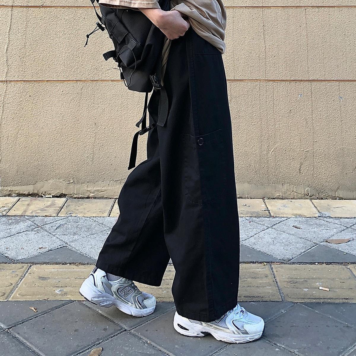 日系大碼休閒復古寬鬆直筒垂感工裝闊腿褲-vivivale