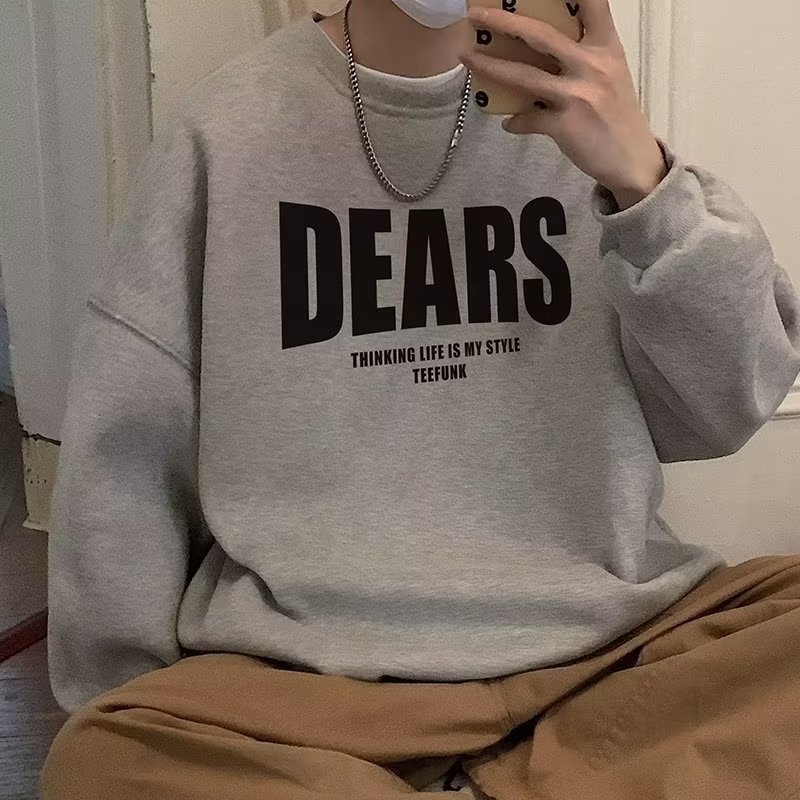 圓領加絨字母印花大碼寬鬆重磅港風長袖T恤-vivivale