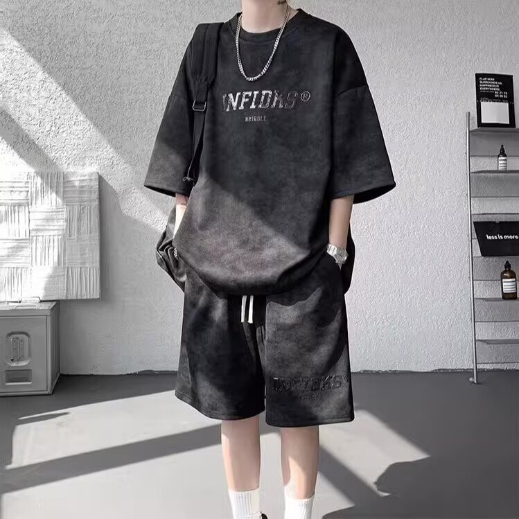 【整套】港風復古美式高街紮染寬松短袖+百搭休閑短褲兩件套裝