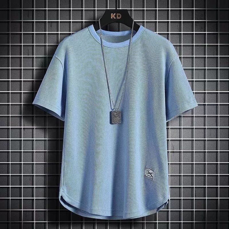 華夫格潮流寬鬆百搭圓領短袖T恤-vivivale