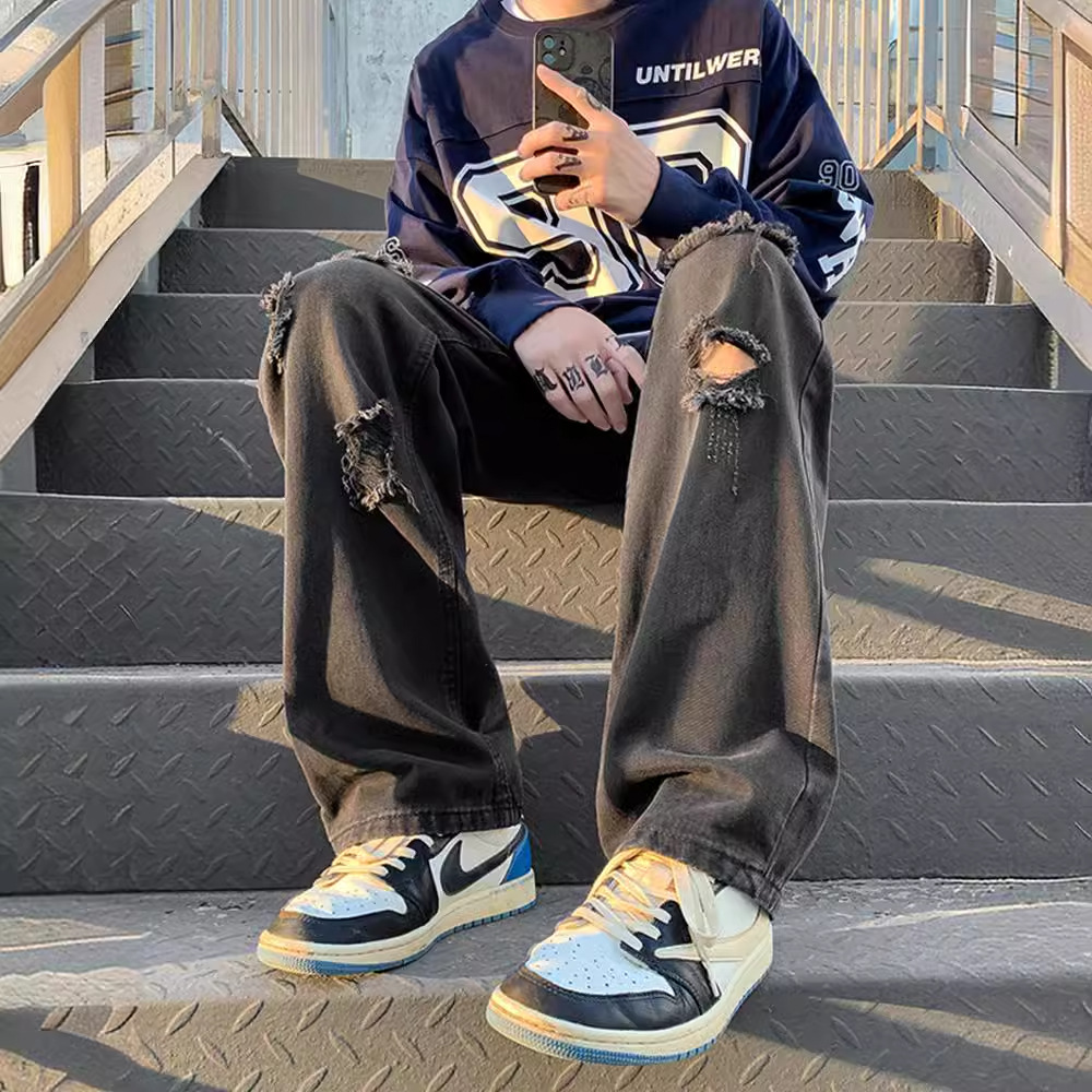 美式vibe風潮流帥氣街頭直筒破洞牛仔褲裝