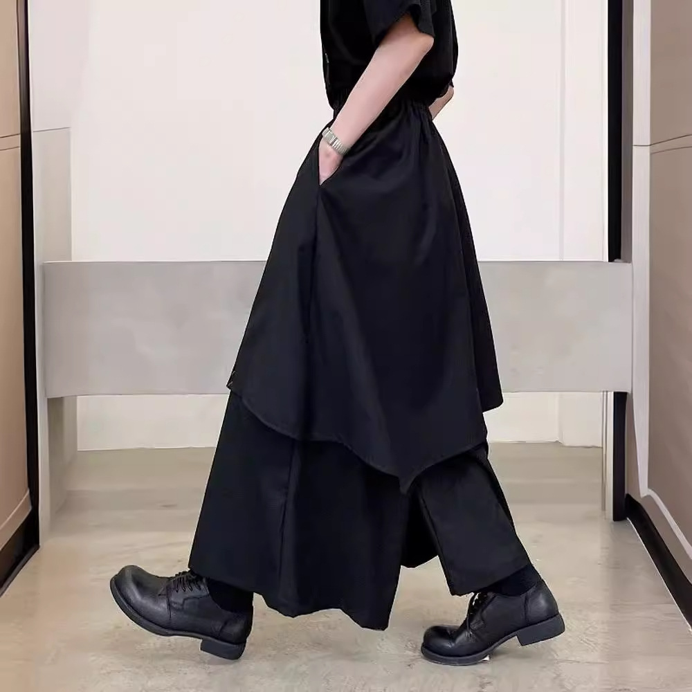 設計感假兩件黑武士日式闊腿裙褲-vivivale
