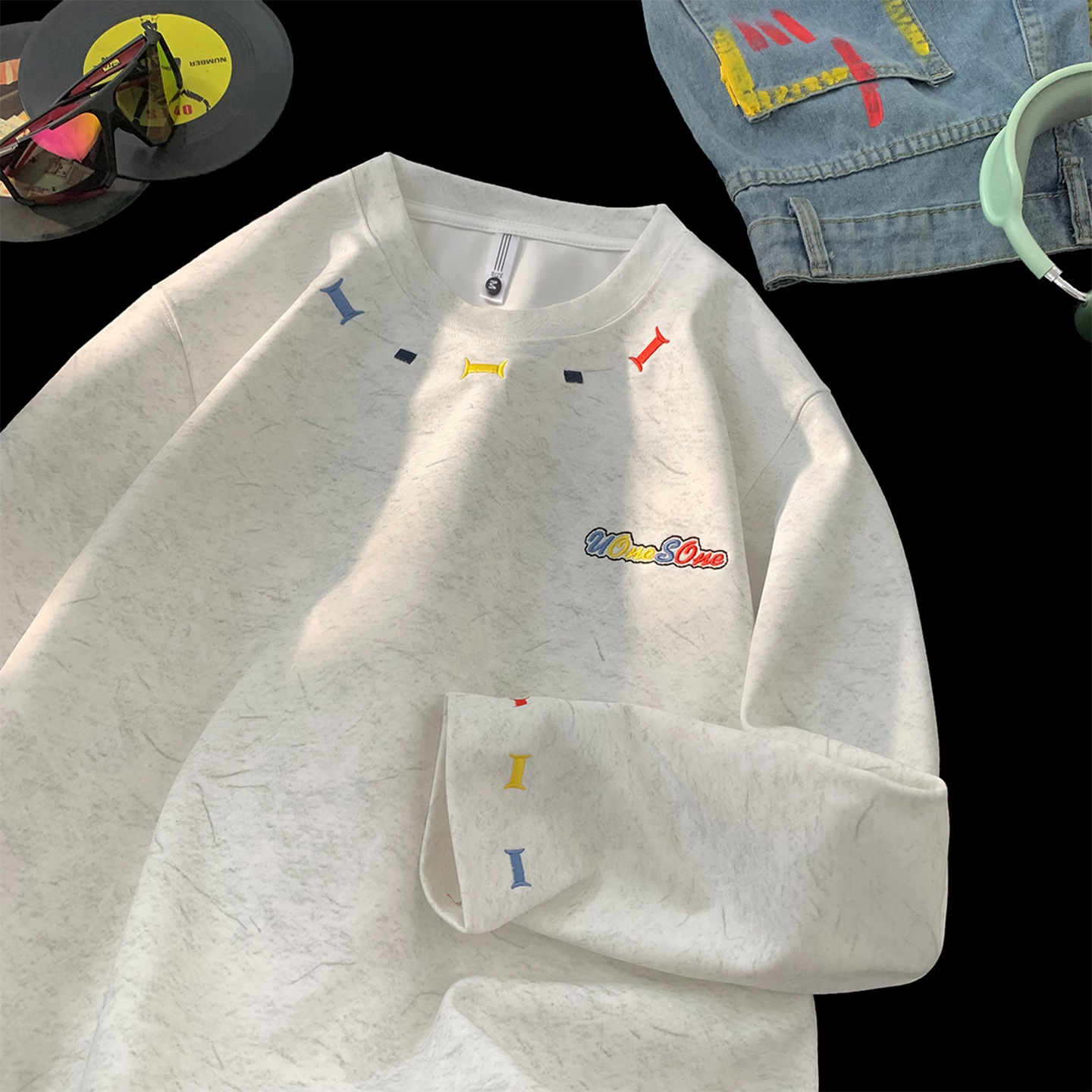 美式重磅寬鬆潮流砂洗彩虹刺繡長袖T恤